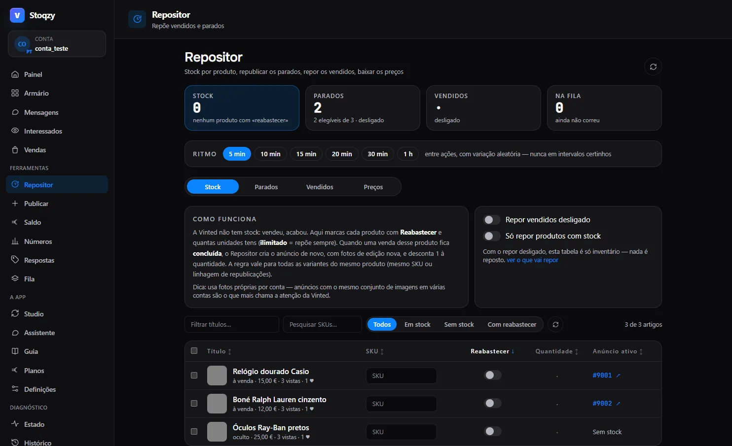 Separador Stock do Repositor: tabela com título, SKU, interruptor Reabastecer, quantidade e anúncio ativo, com o ritmo entre ações escolhido em cima