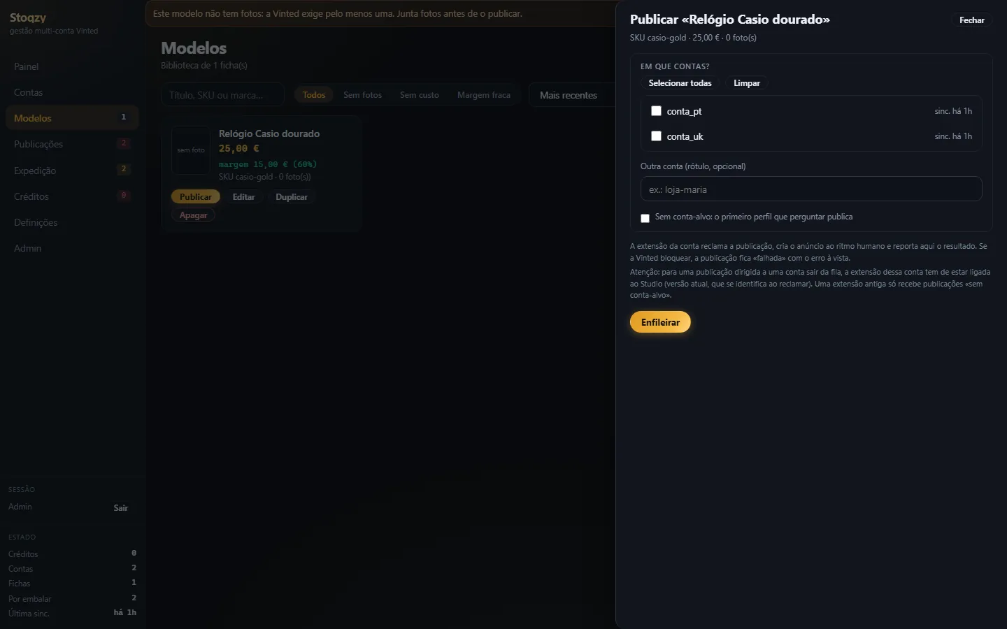 Modelos do Studio com a gaveta Publicar aberta: escolher as contas onde publicar o modelo e enfileirar
